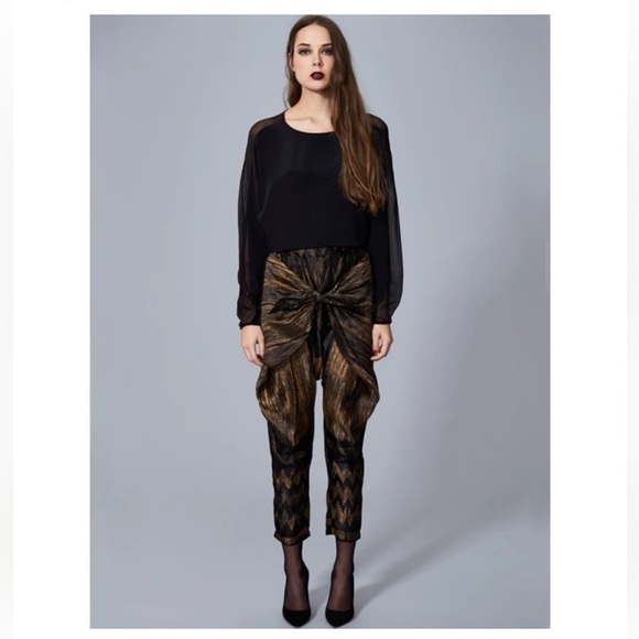 Tryb Silk Knot Front Drop Crotch Harem Pants Size XS Gold Black Anthropologie - Picture 1 of 15